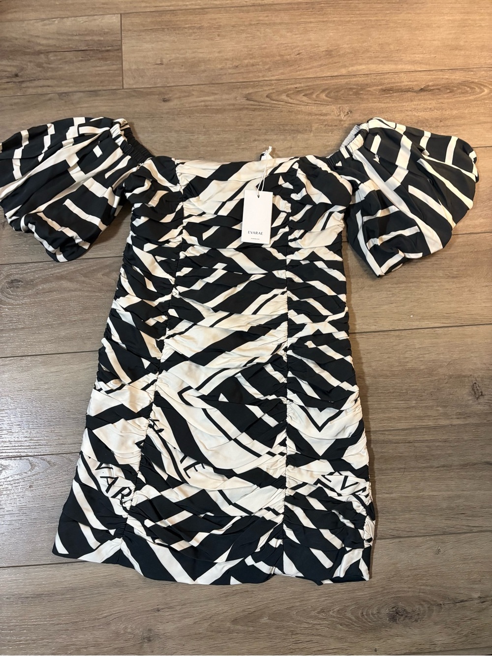 NWT Evarae Sarah Dress Off-Shoulder Puff Sleeve Dress - Opulent Mono